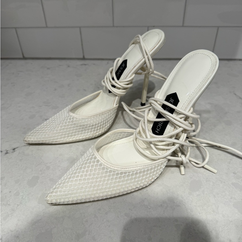 Jessica White Mesh Lace-Up Heels